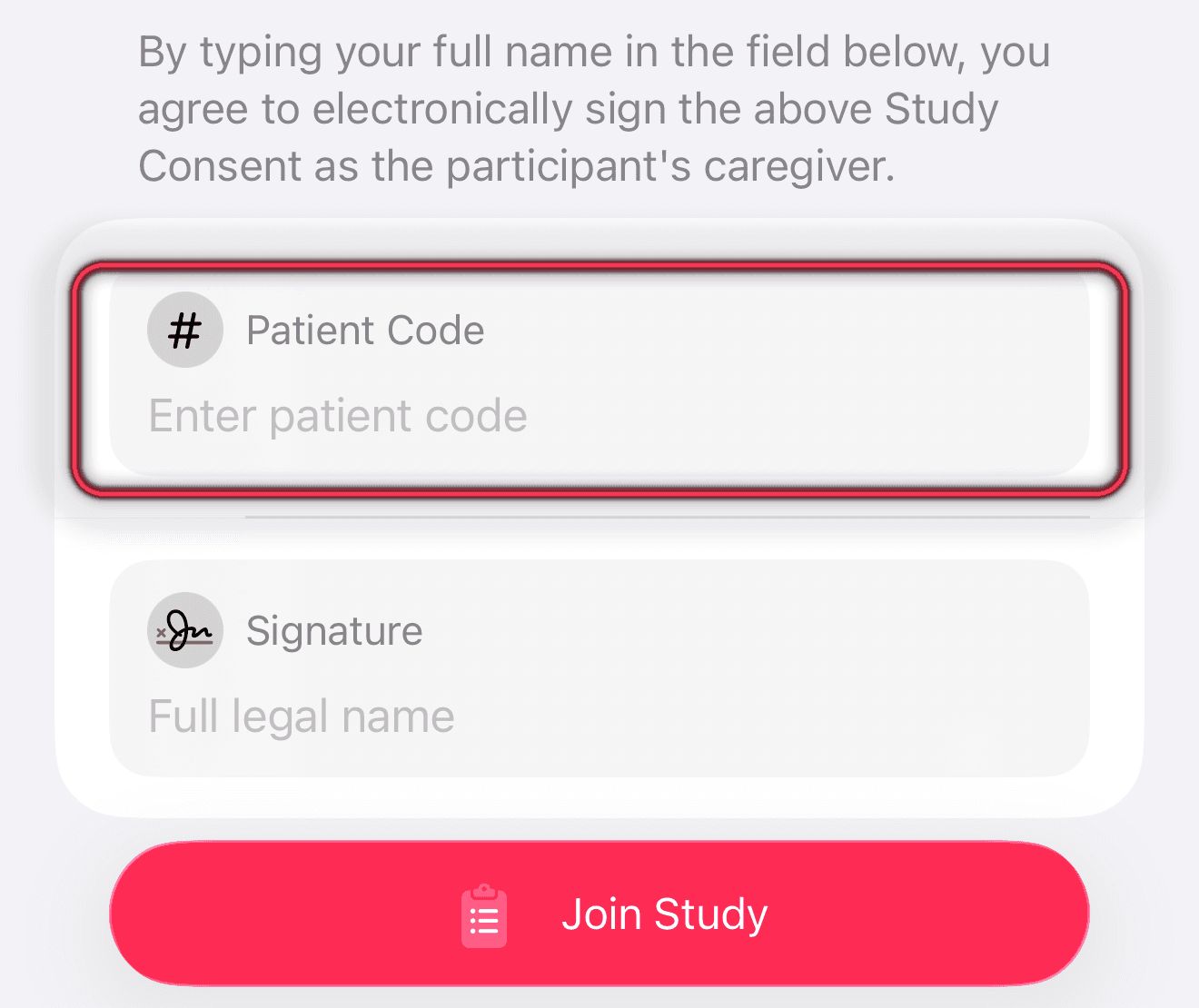Code entry field highlighted on the Join Study screen